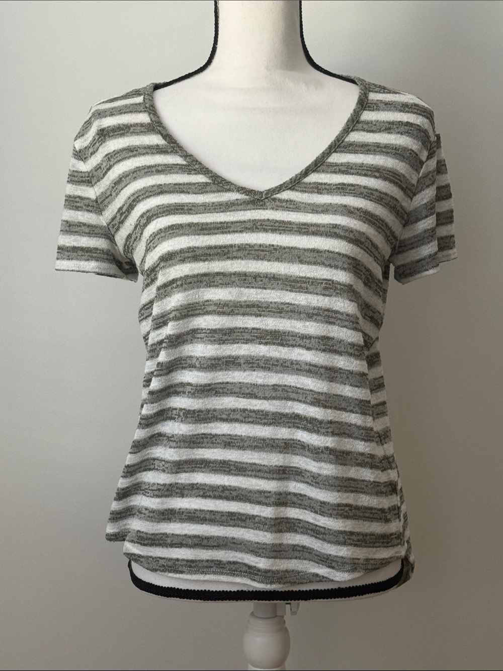 ANA Striped V-Neck Short Sleeve Top - Olive Green & White, Size Petite Medium